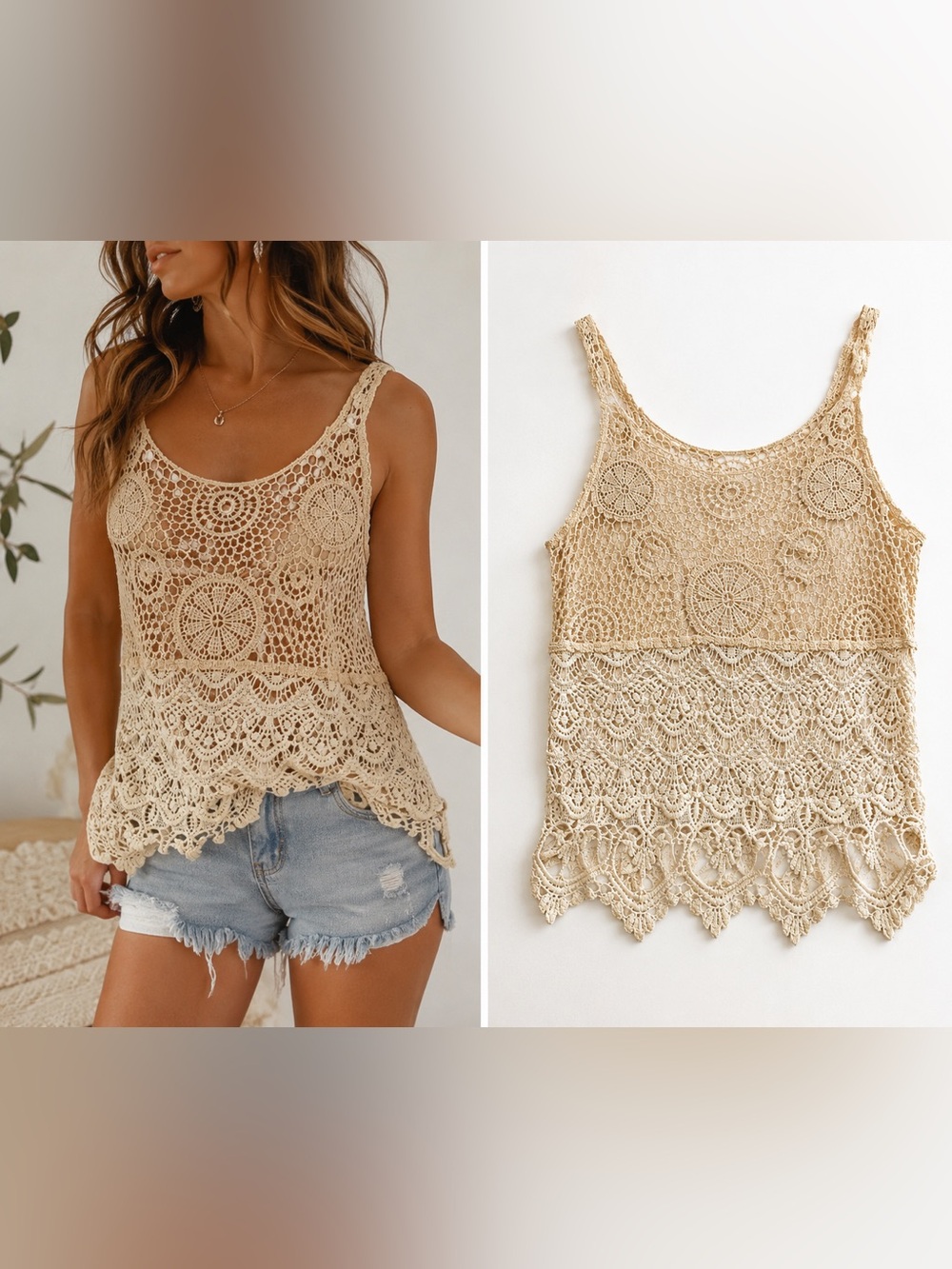 Pinky Crochet Lace Tank Top Medium Boho Festival Beach Sheer Open Knit Cream